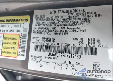 2013 Ford Fusion Se из США, поврежденный, VIN 3FA6P0HR2DR219630